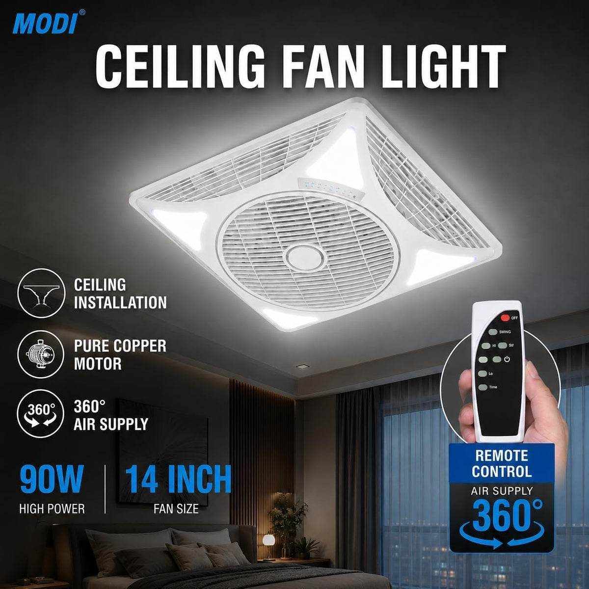 90W Square Ceiling Fan Light – 14 Inch