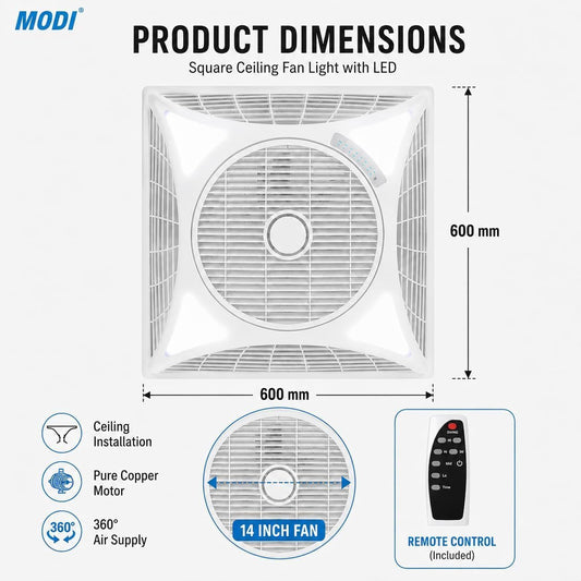 90W Square Ceiling Fan Light – 14 Inch
