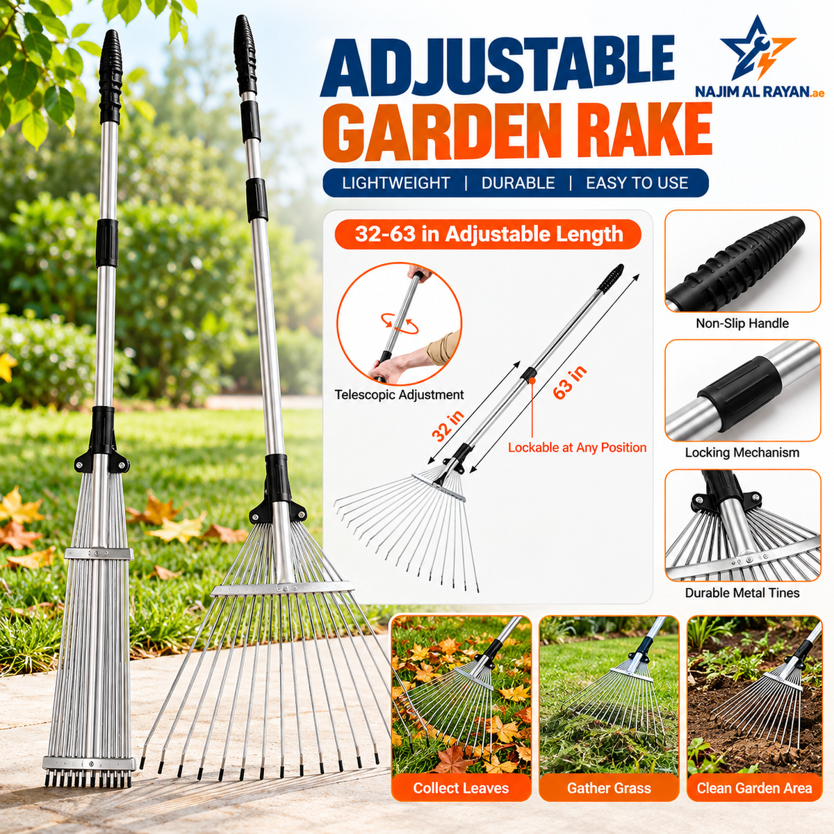 Adjustable Metal Leaf Rake – Telescopic