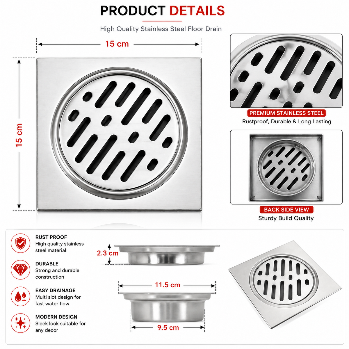 6x6 Inch Stainless Steel Floor Drain
