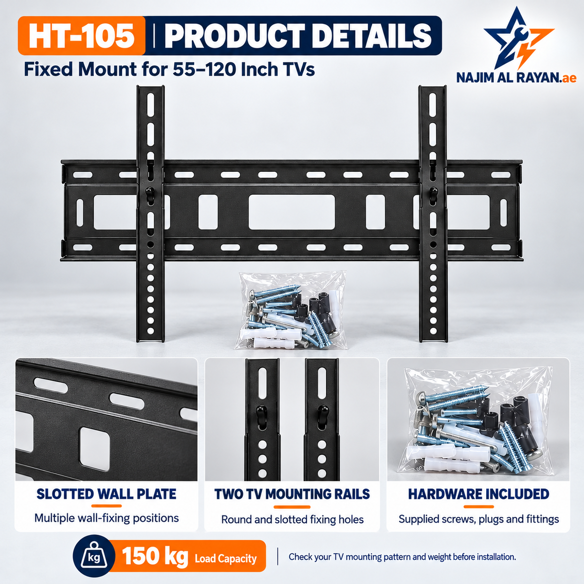 Heavy-Duty Fixed TV Wall Mount – 55–120 Inch