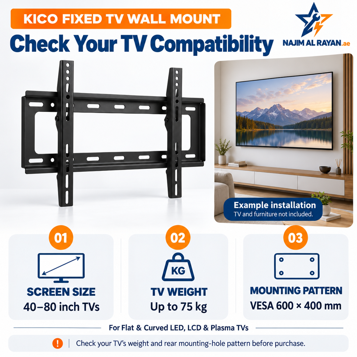 KICO Fixed TV Wall Bracket – 40–80 Inch