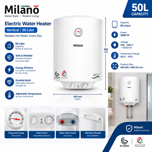 Danube Home Milano 50L Vertical Electric Water Heater