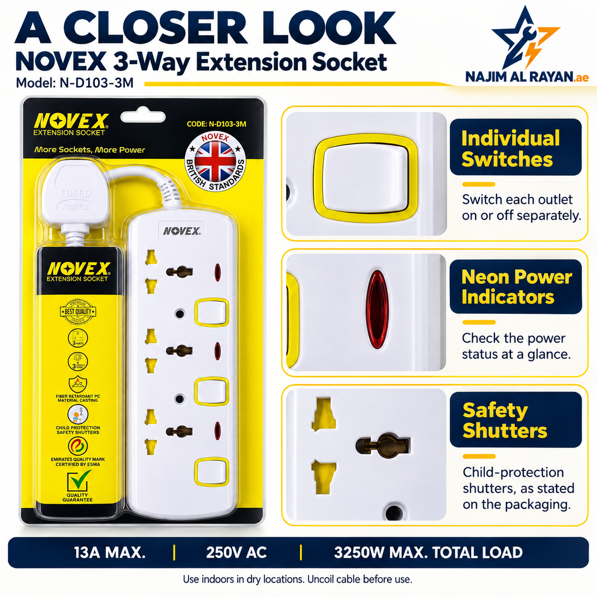 Novex 3-Way Switched Extension Socket – 3m