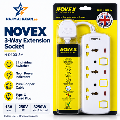Novex 3-Way Switched Extension Socket – 3m