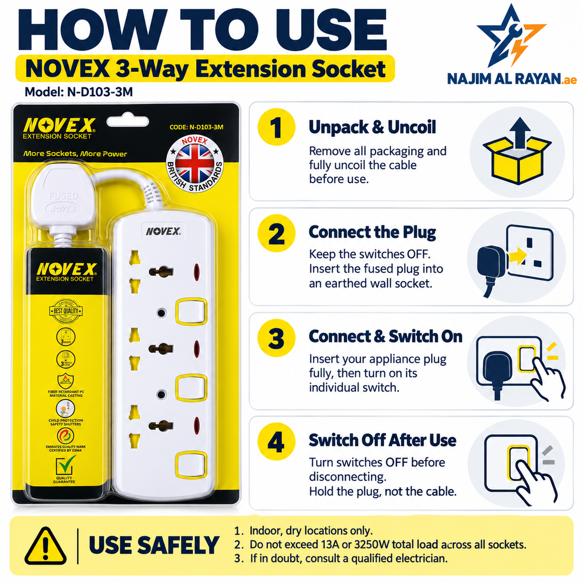 Novex 3-Way Switched Extension Socket – 3m