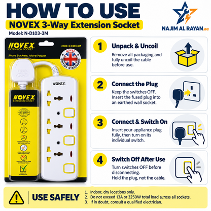 Novex 3-Way Switched Extension Socket – 3m