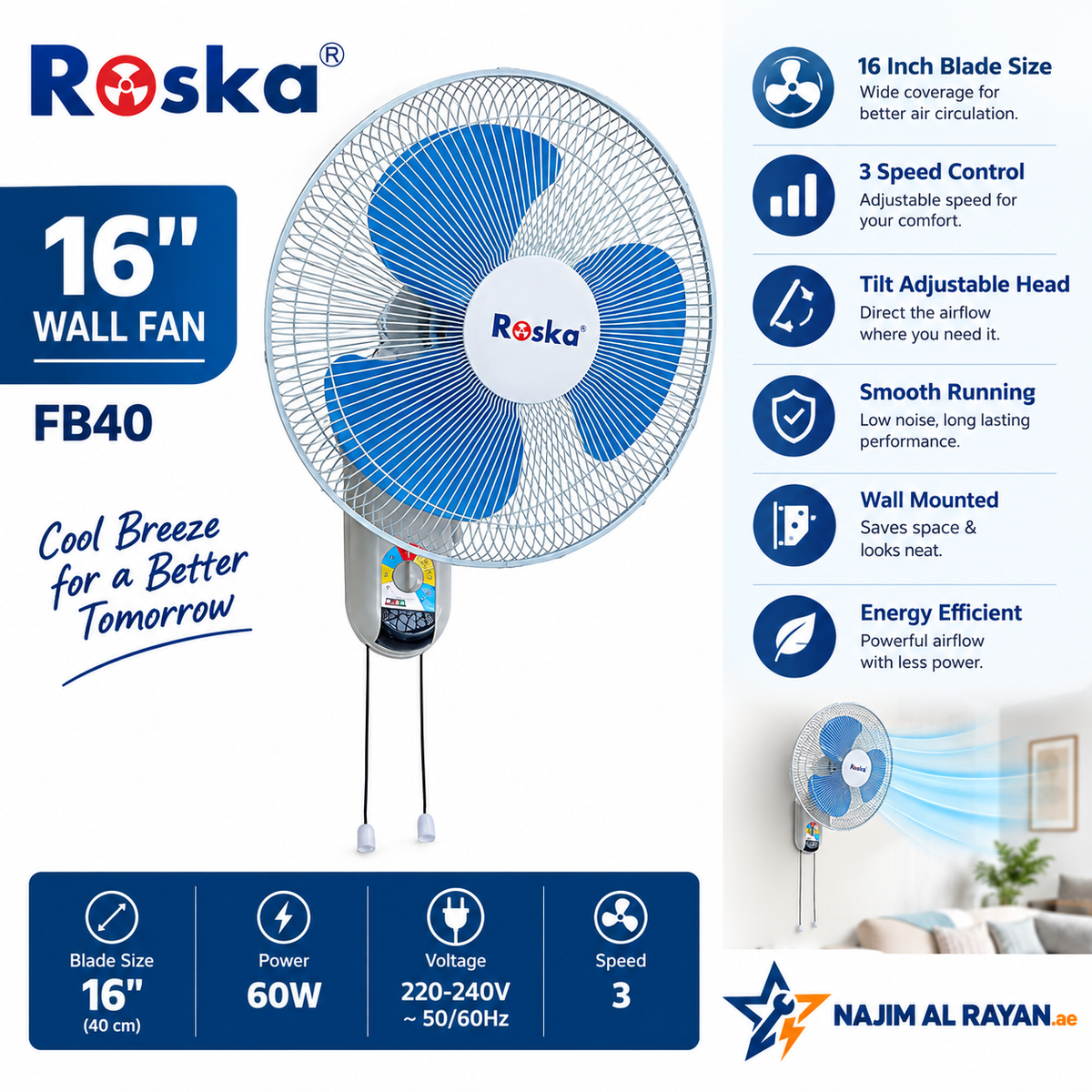Roska 16-Inch Wall-Mount Electric Fan